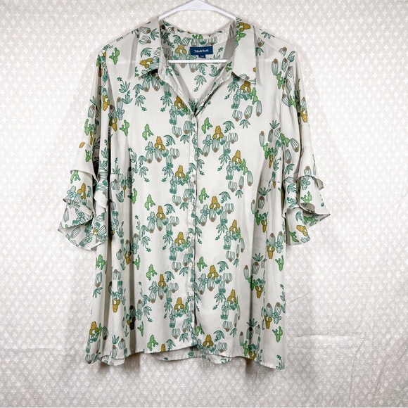 ModCloth Green Cactus Print Ruffle Sleeve Button Up Top - Picture 1 of 5